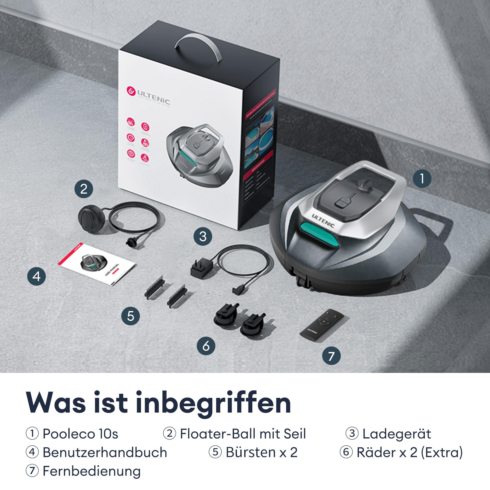 Poolreiniger mit Zubehör: Poolroboter, Floater, Ladegerät, Bürsten, Räder, Fernbedienung, Handbuch.