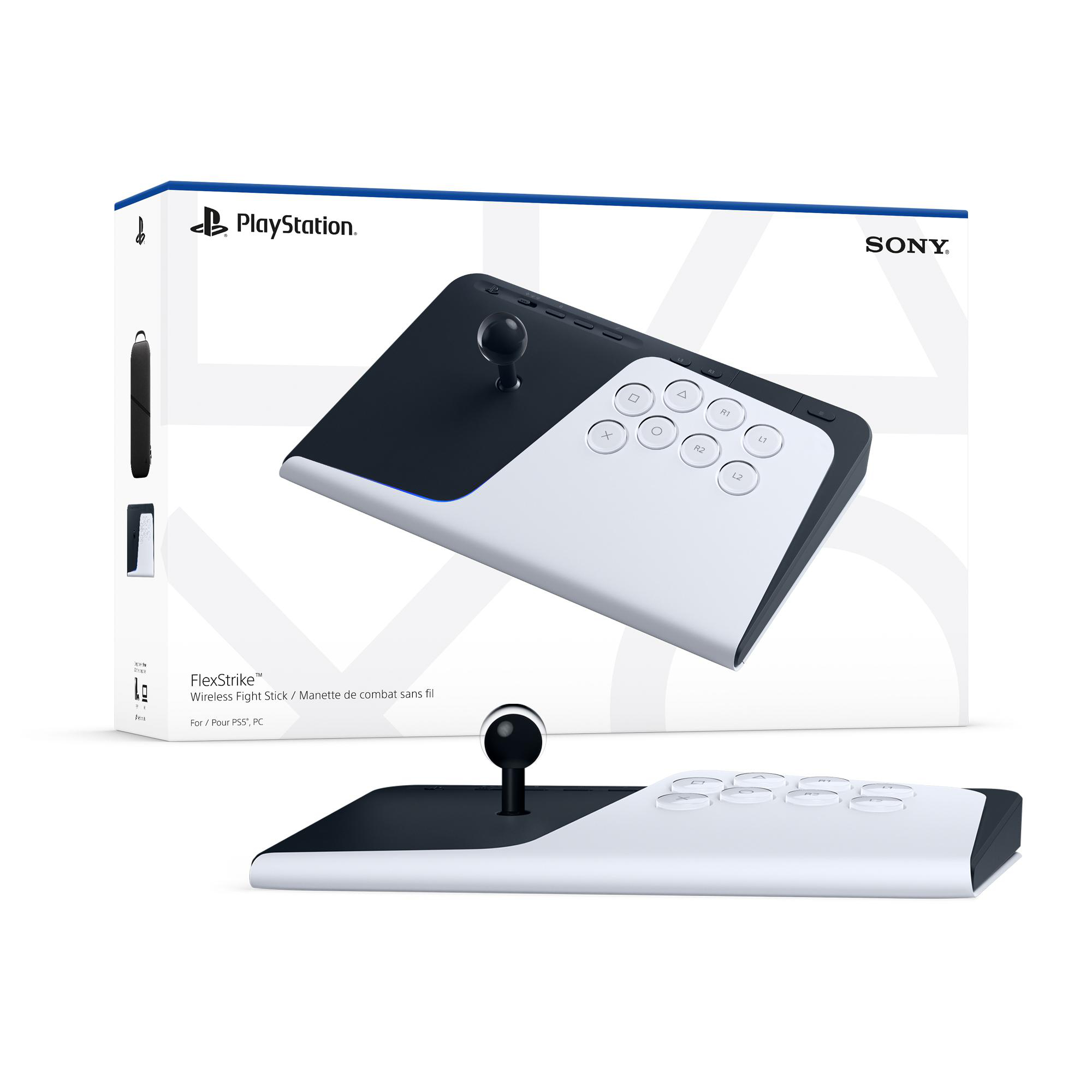 Ein weißer und schwarzer PlayStation Fight Stick liegt vor einer Produktverpackung.