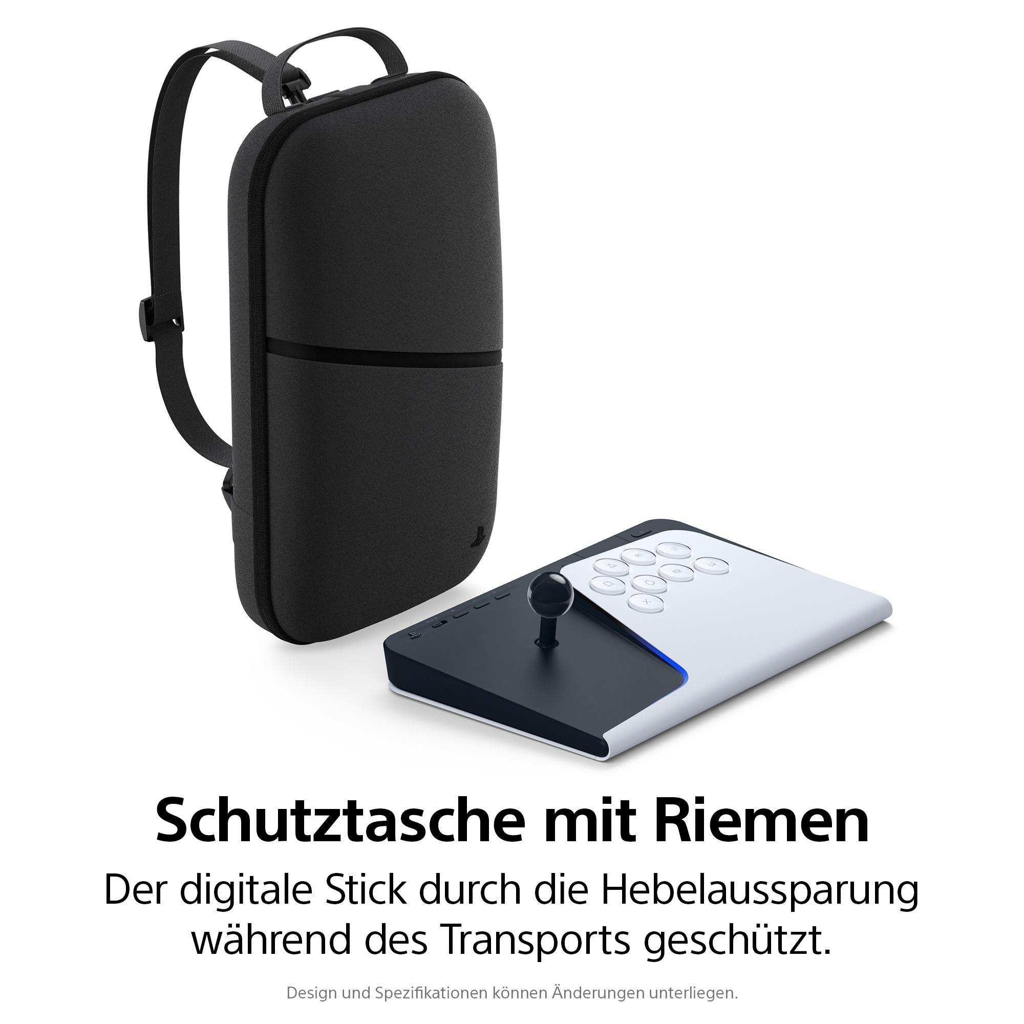 Schwarze Tasche mit Riemen neben weißem Controller mit Joystick.