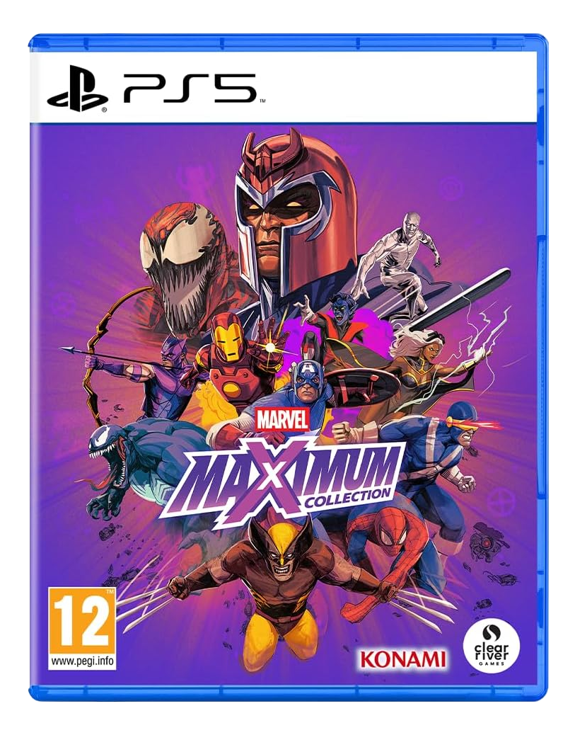 Couverture du jeu Marvel Maximum Collection PS5 avec plusieurs super-héros sur fond violet.