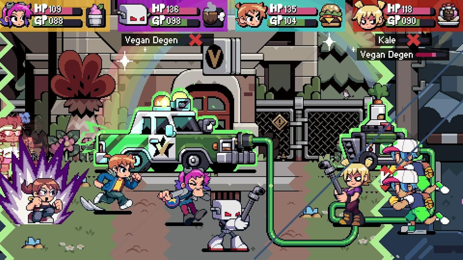 Pixel-Art-Kampfszene mit Charakteren und einem grünen Polizeiauto.