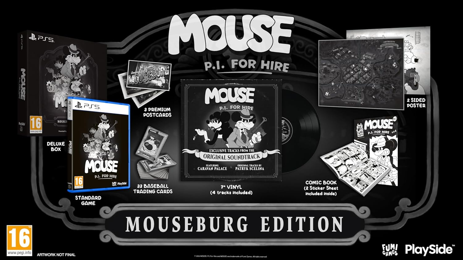 Die "Mouseburg Edition" von Mouse P.I. For Hire für PS5, mit Spiel, Soundtrack-Vinyl, Comic & Postkarten.