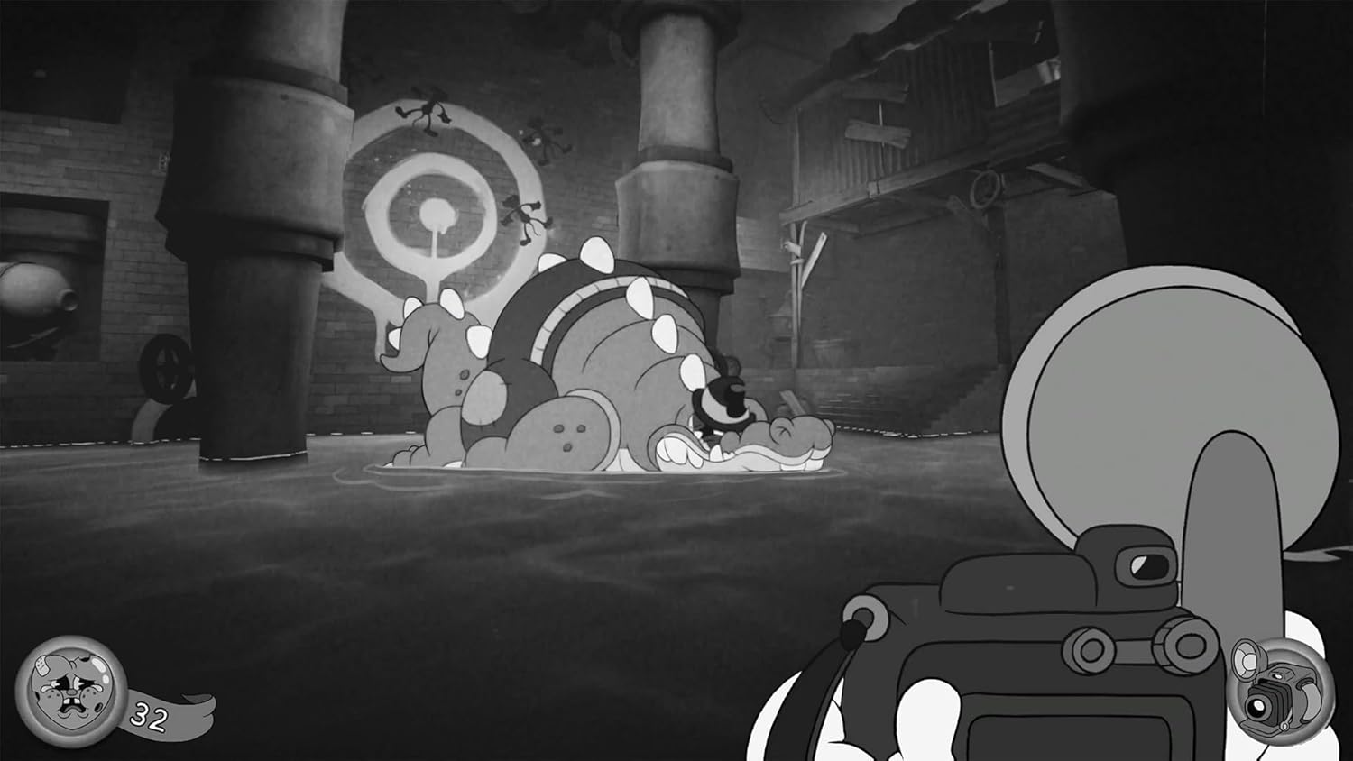 Ein Cartoon-Krokodil liegt in Wasser, während eine Kamera im Vordergrund zu sehen ist.