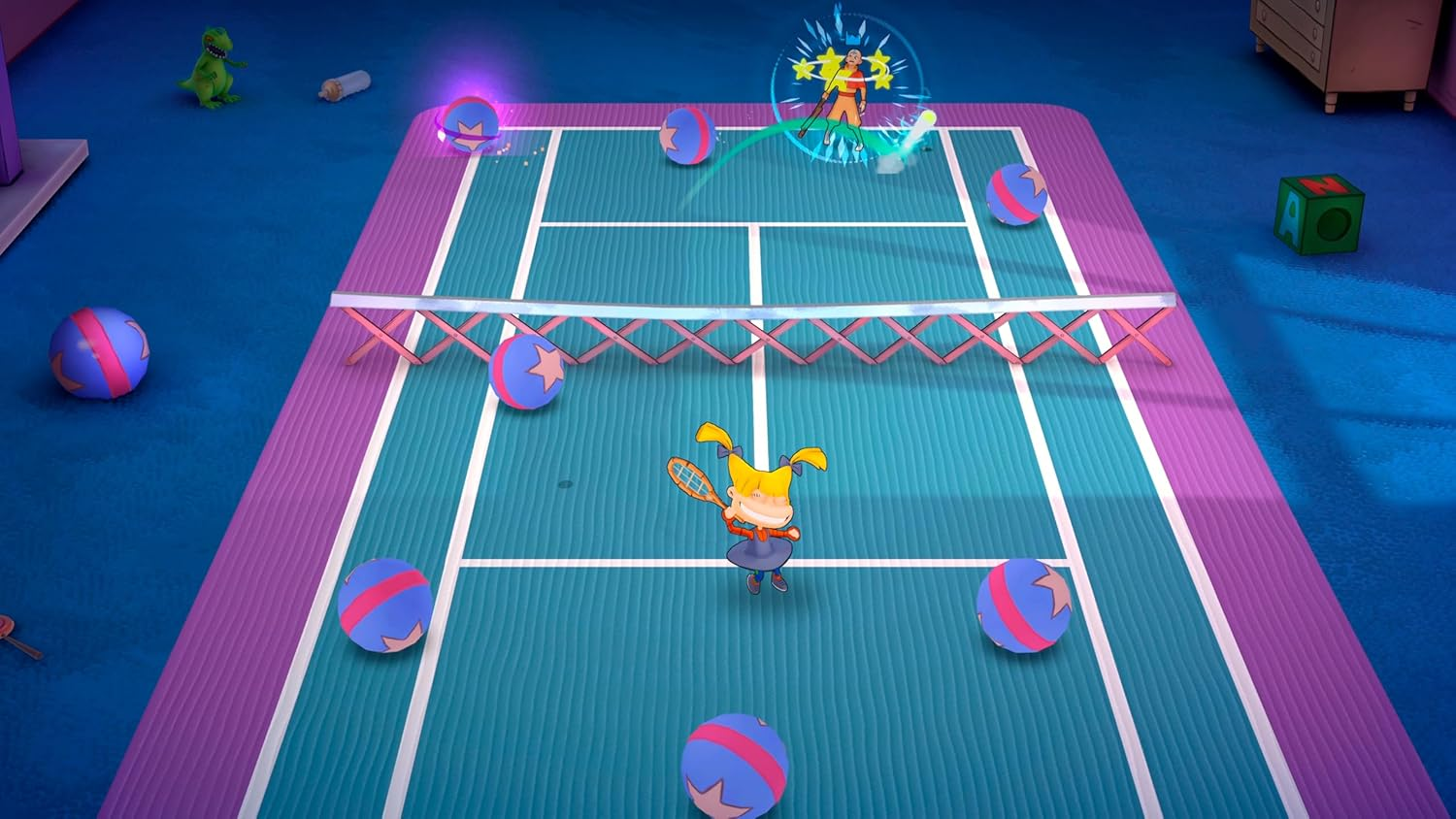 Cartoon-Tennismatch mit Charakteren und Bällen auf blauem Platz.