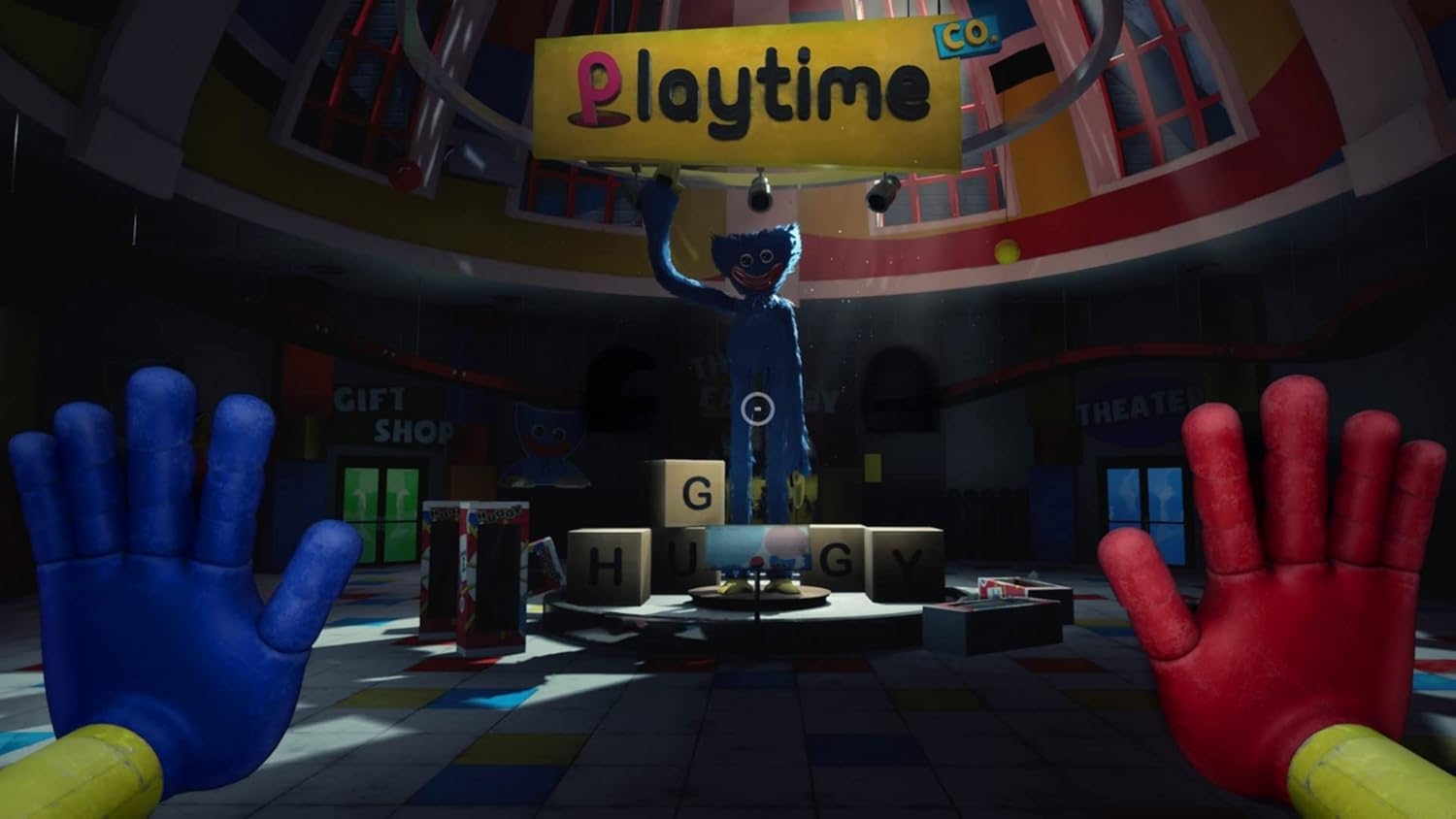 Blauer Huggy Wuggy steht unter dem 'Playtime Co.'-Schild. Rote und blaue Hände im Vordergrund.