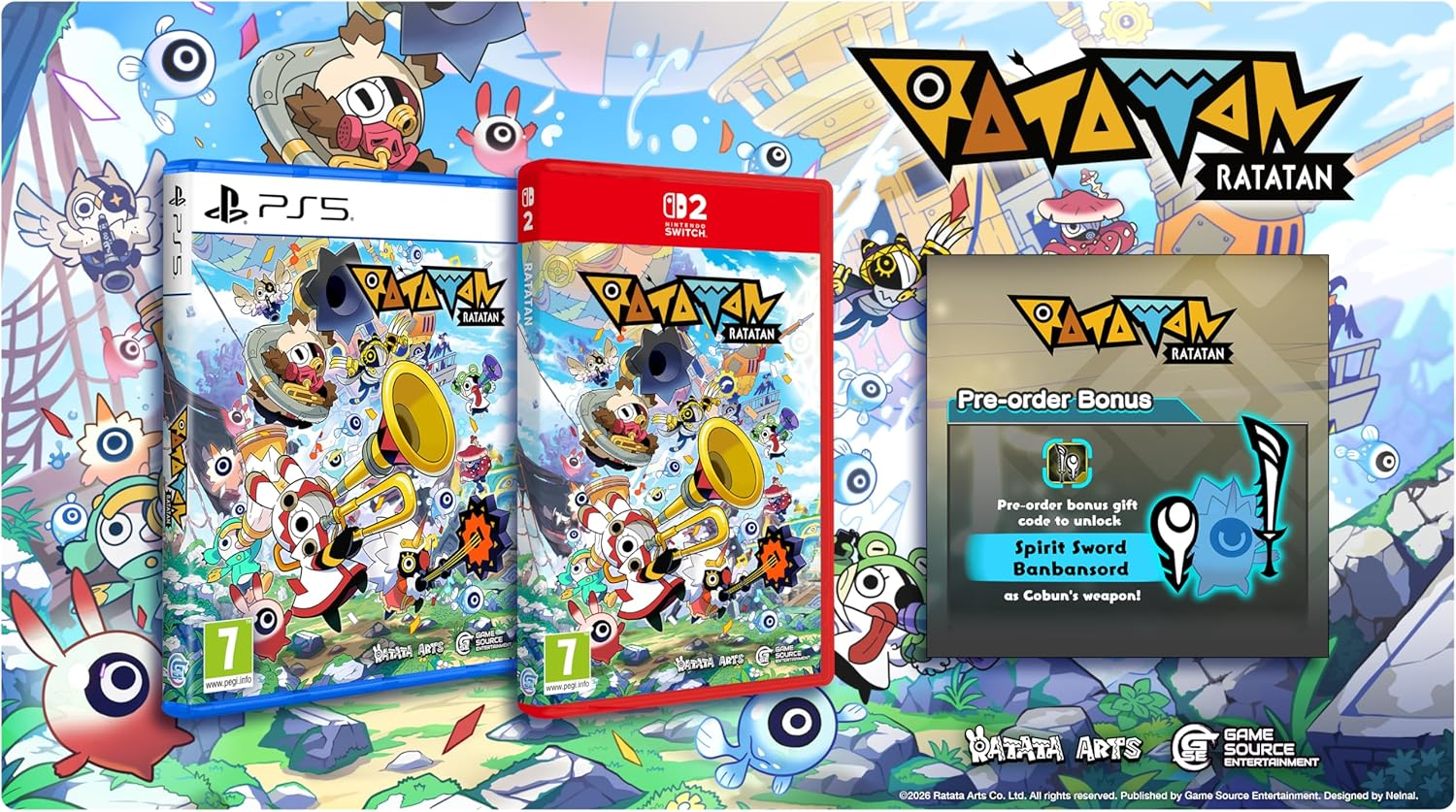 Spielcover für PS5 und Switch, Pre-Order-Bonus-Info. Farbenfrohe Charaktere.