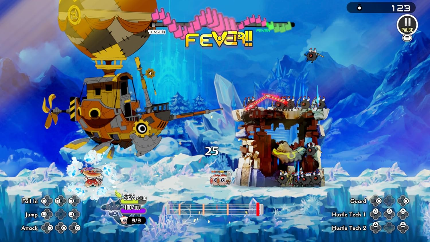 Ein Steampunk-Luftschiff und eine Festung in einer eisigen Landschaft mit Cartoon-Figuren.
