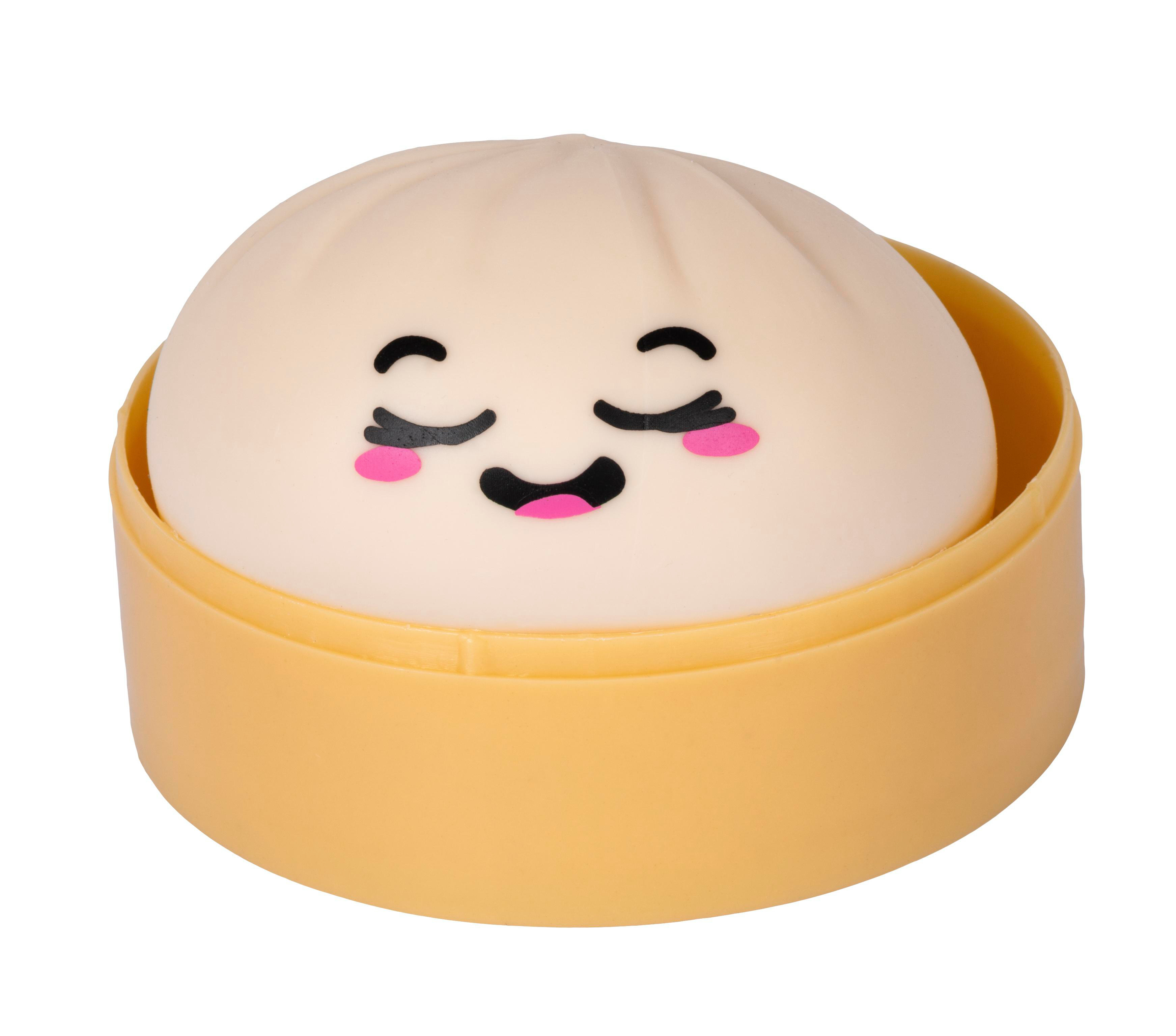 Eine hellbeige, niedliche Baozi-Form mit einem lächelnden Gesicht in einem gelben Behälter.