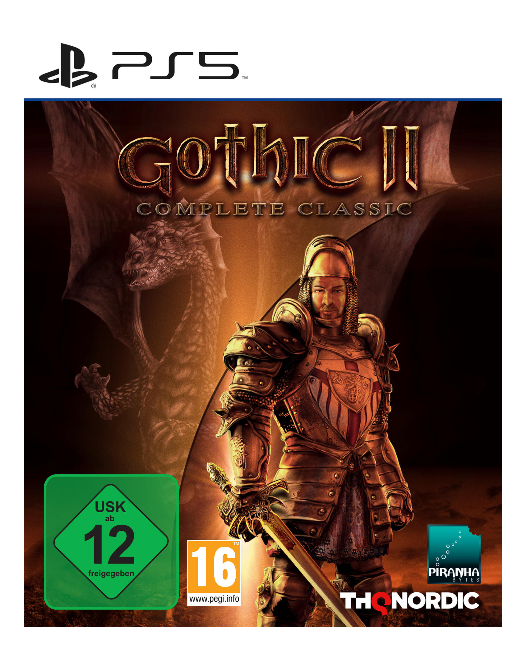 Couverture de Gothic II: Complete Classic pour PS5, montrant un chevalier et un dragon.
