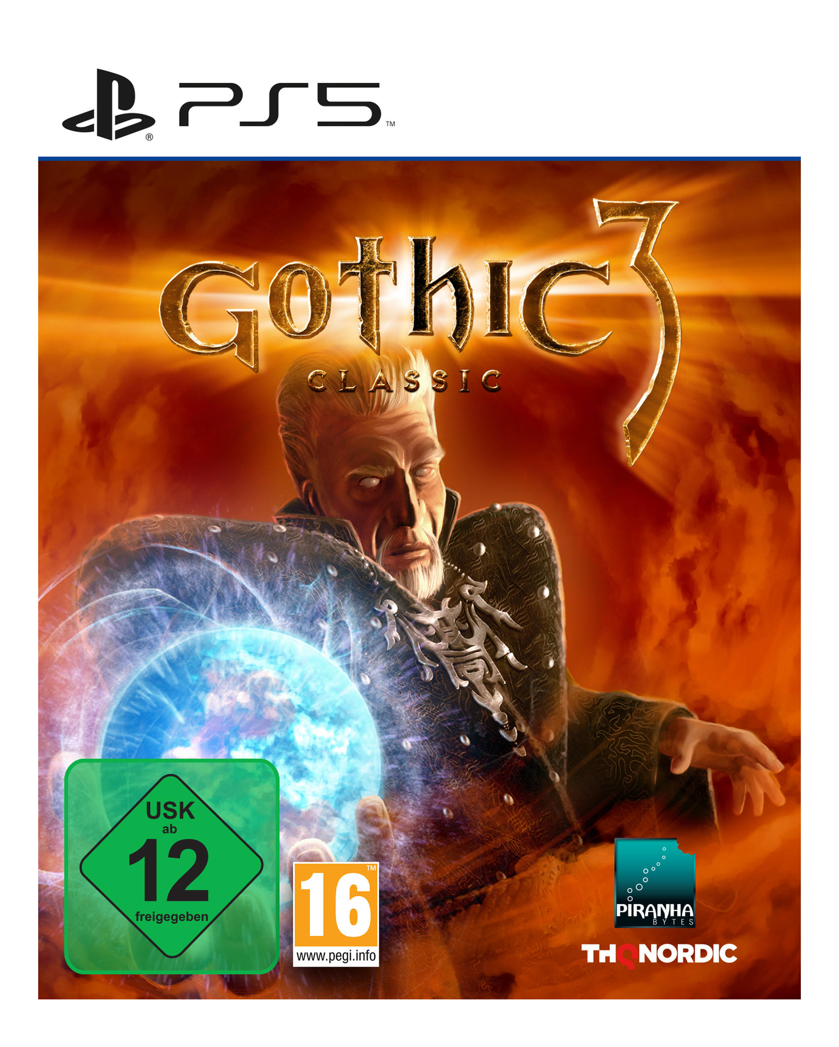 Couverture du jeu PS5 Gothic 3 Classic avec un homme tenant une orbe d'énergie bleue.