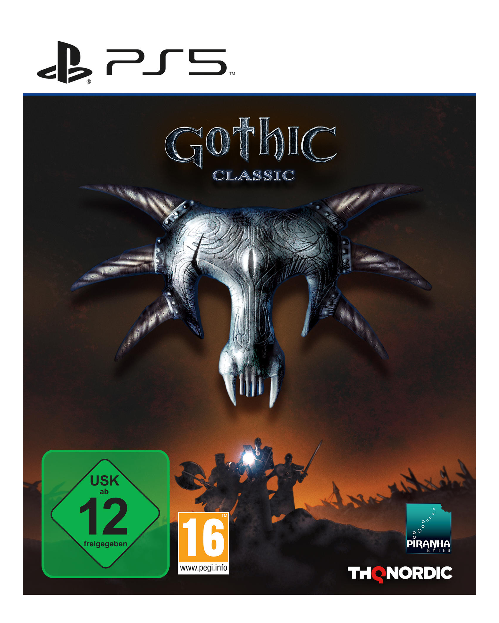 Couverture PS5 Gothic Classic : Casque en forme de crâne métallique avec cornes, guerriers en dessous, notations PEGI/USK.