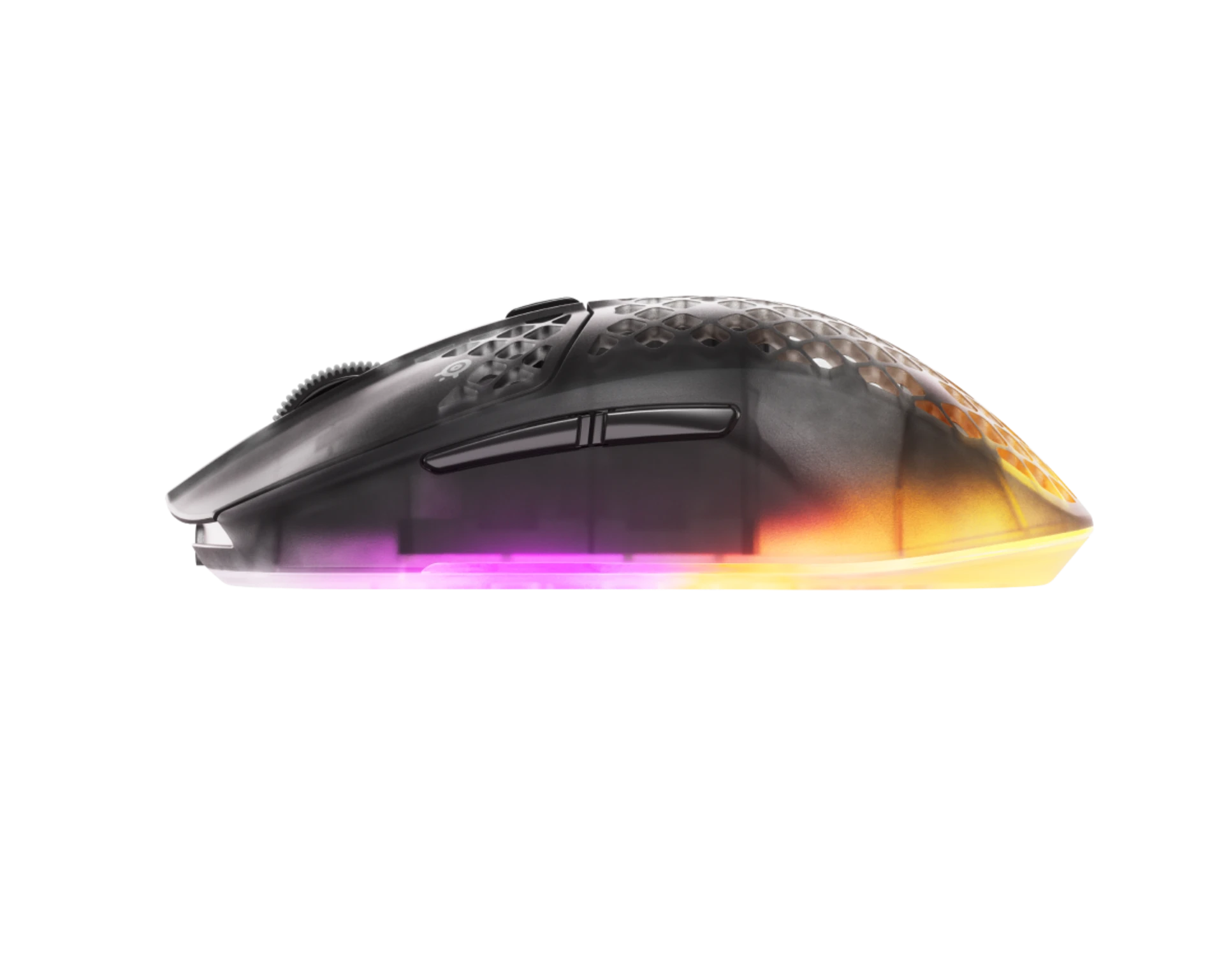 Ratón gaming negro con patrón de panal y luz RGB rosa/amarilla.