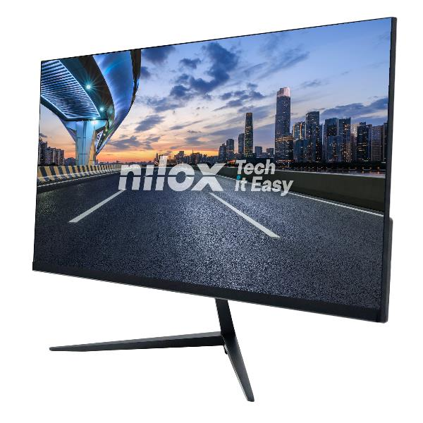 Un monitor muestra un horizonte urbano al atardecer con el texto "nilox Tech It Easy".