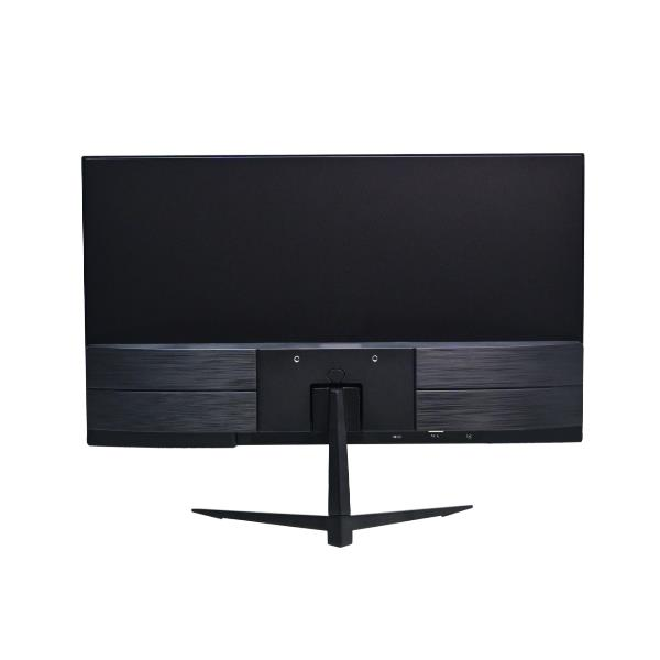 Vista trasera de un monitor negro con soporte negro sobre fondo blanco.