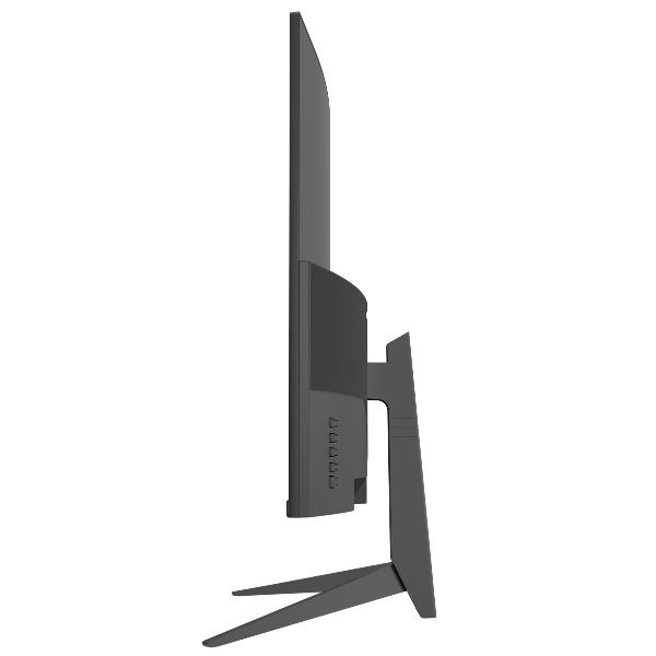 Un monitor de computadora gris sobre un soporte, visto de lado.