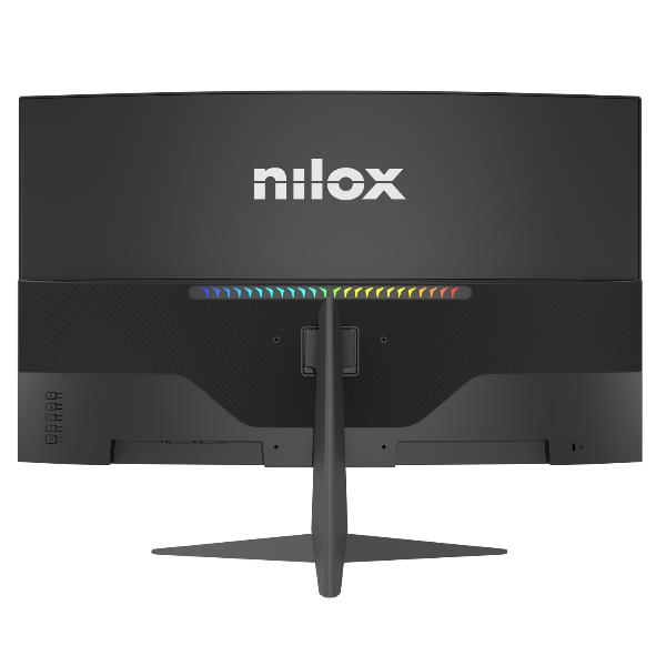 Parte trasera de un monitor negro con logo "nilox" e iluminación RGB.