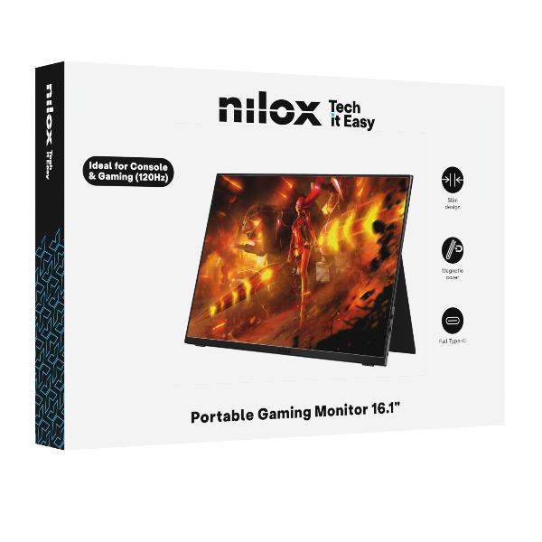 Caja de monitor de juegos portátil Nilox con logo y gráficos de juego.