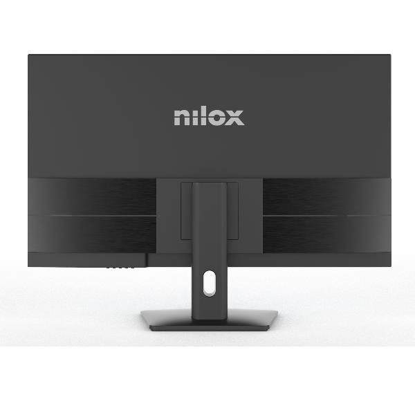 Parte trasera de un monitor negro con logo Nilox y soporte.