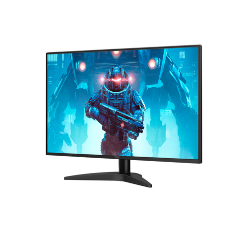 Un monitor muestra una imagen futurista de un astronauta y un robot.