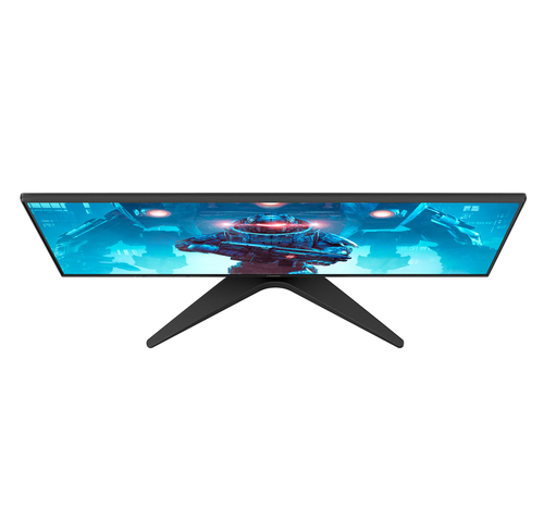 Un monitor negro muestra una imagen futurista en tono azul de una nave espacial.