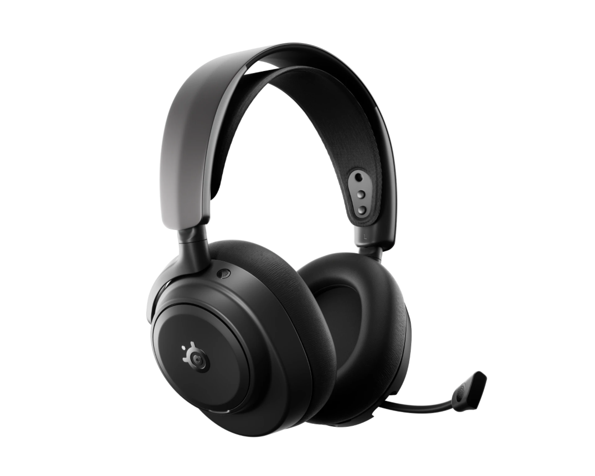 Auriculares negros circumaurales con micrófono, sobre fondo negro.