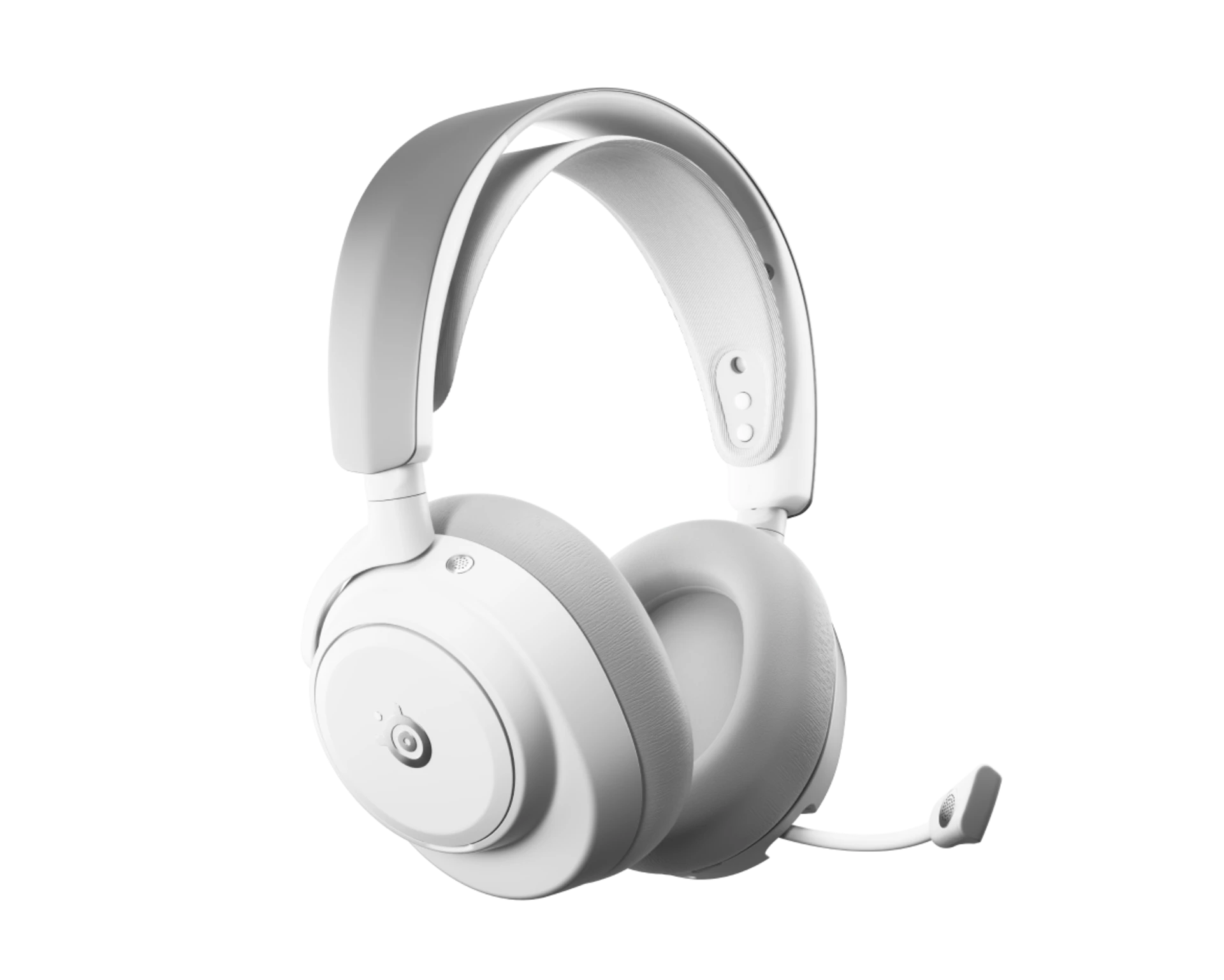 Un auricular blanco con micrófono sobre fondo negro.