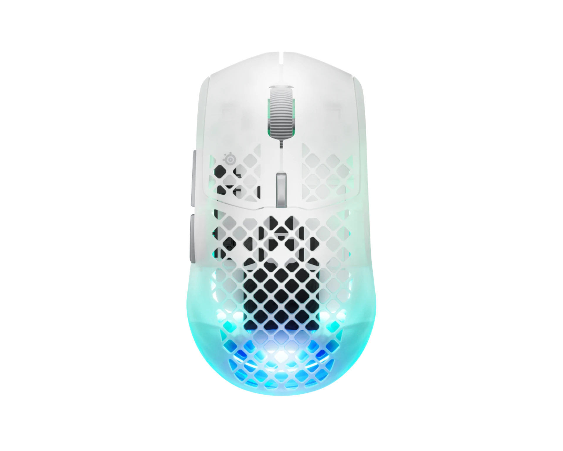 Un ratón gaming blanco con parte superior de panal y luz RGB.