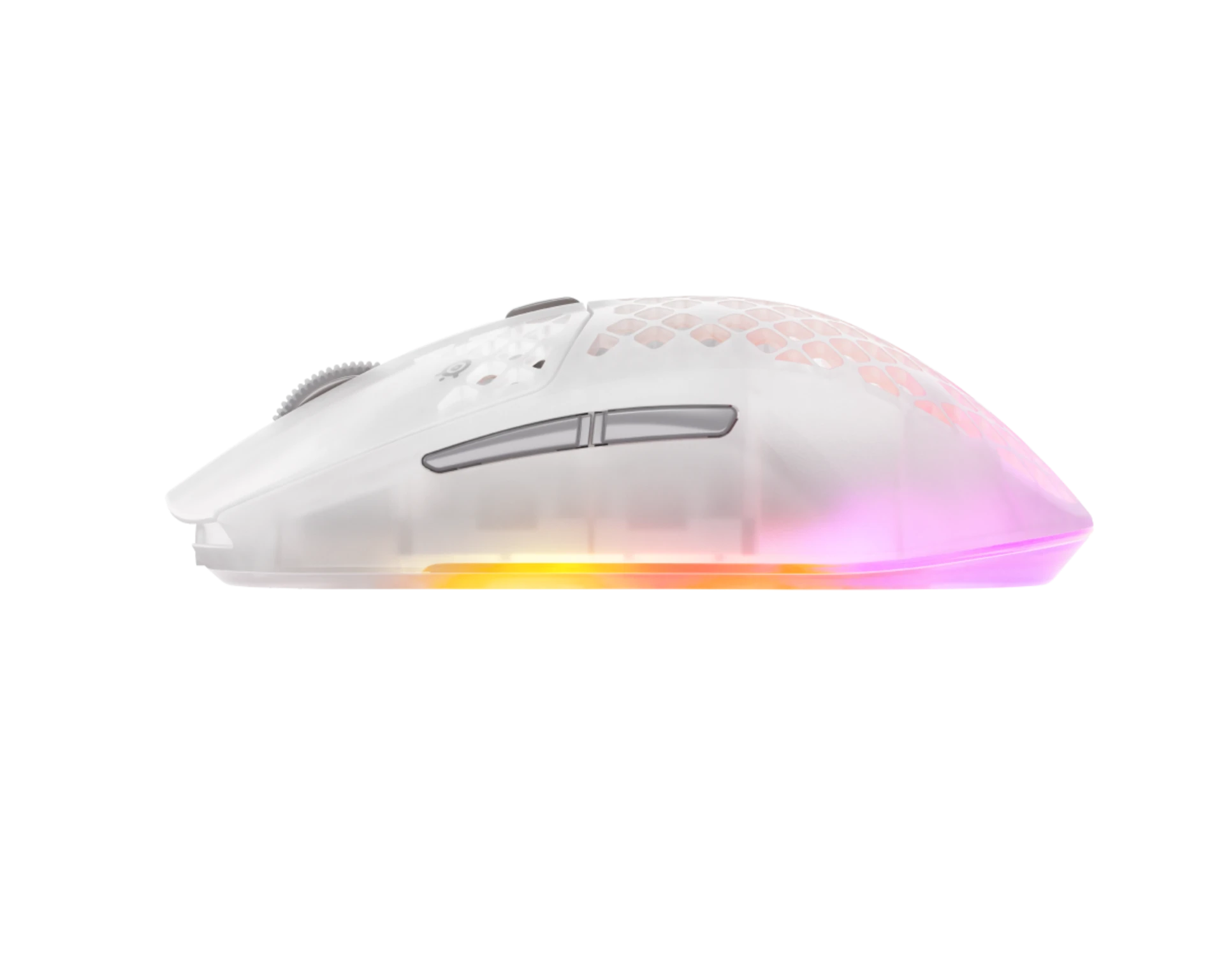 Ratón gaming blanco con patrón de panal y luces RGB.