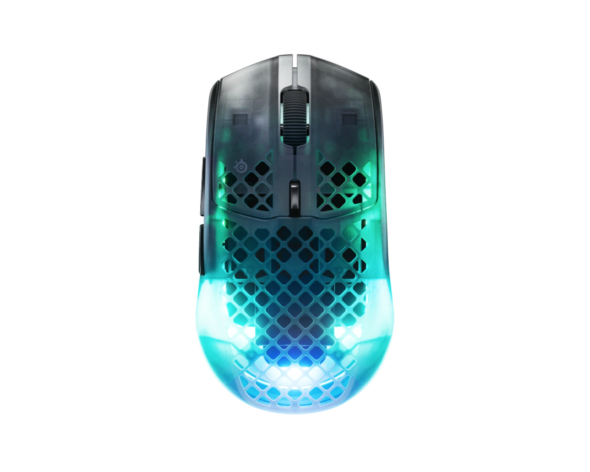 Un ratón gaming perforado con iluminación azul verdosa sobre fondo negro.