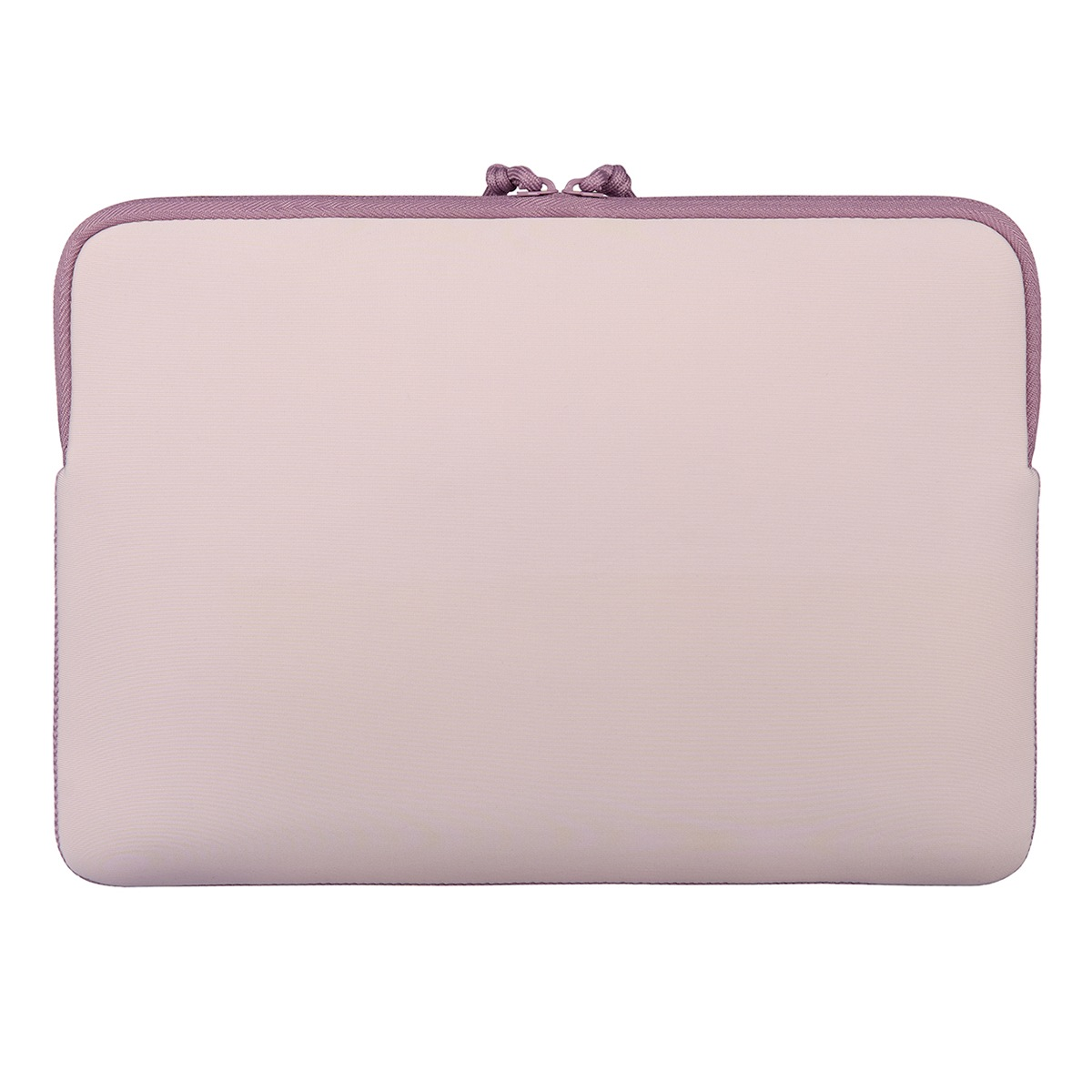 Una funda de portátil rosa claro con cremallera y ribete morados.