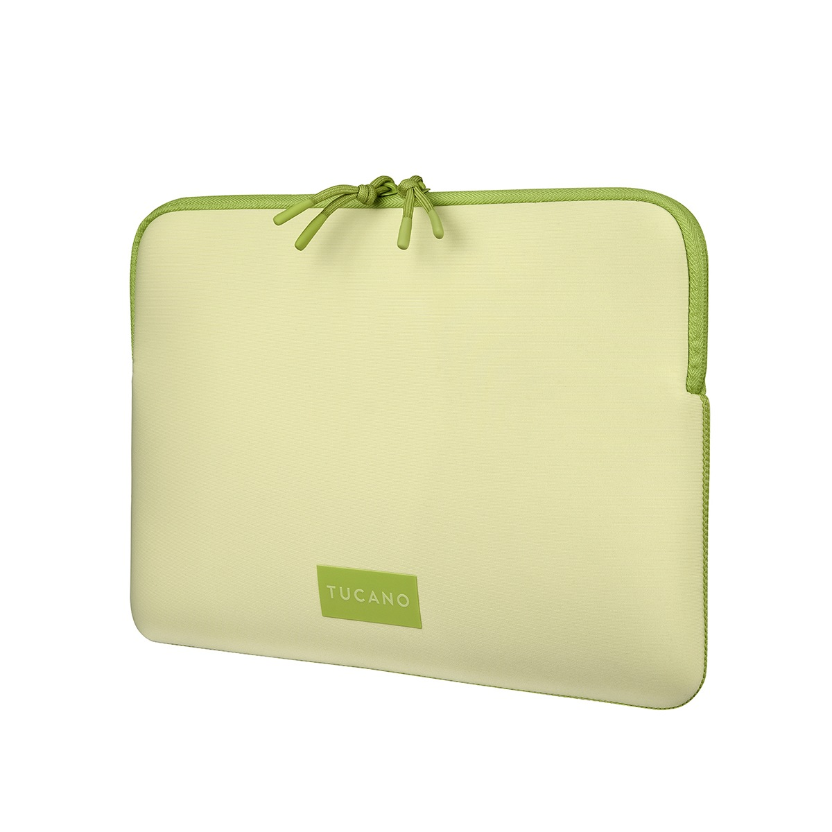 Una funda de portátil verde claro con cremallera y logo verdes.
