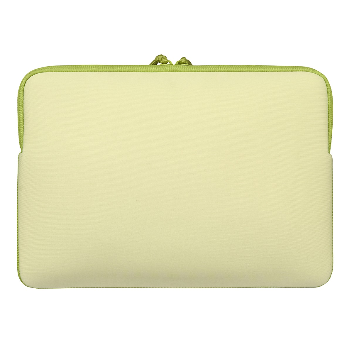 Funda amarilla clara para portátil con ribete verde claro y cierre de cremallera.