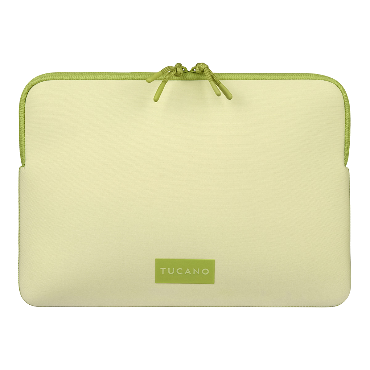 Funda amarilla clara para portátil con ribete y cremalleras verdes. Logo Tucano.