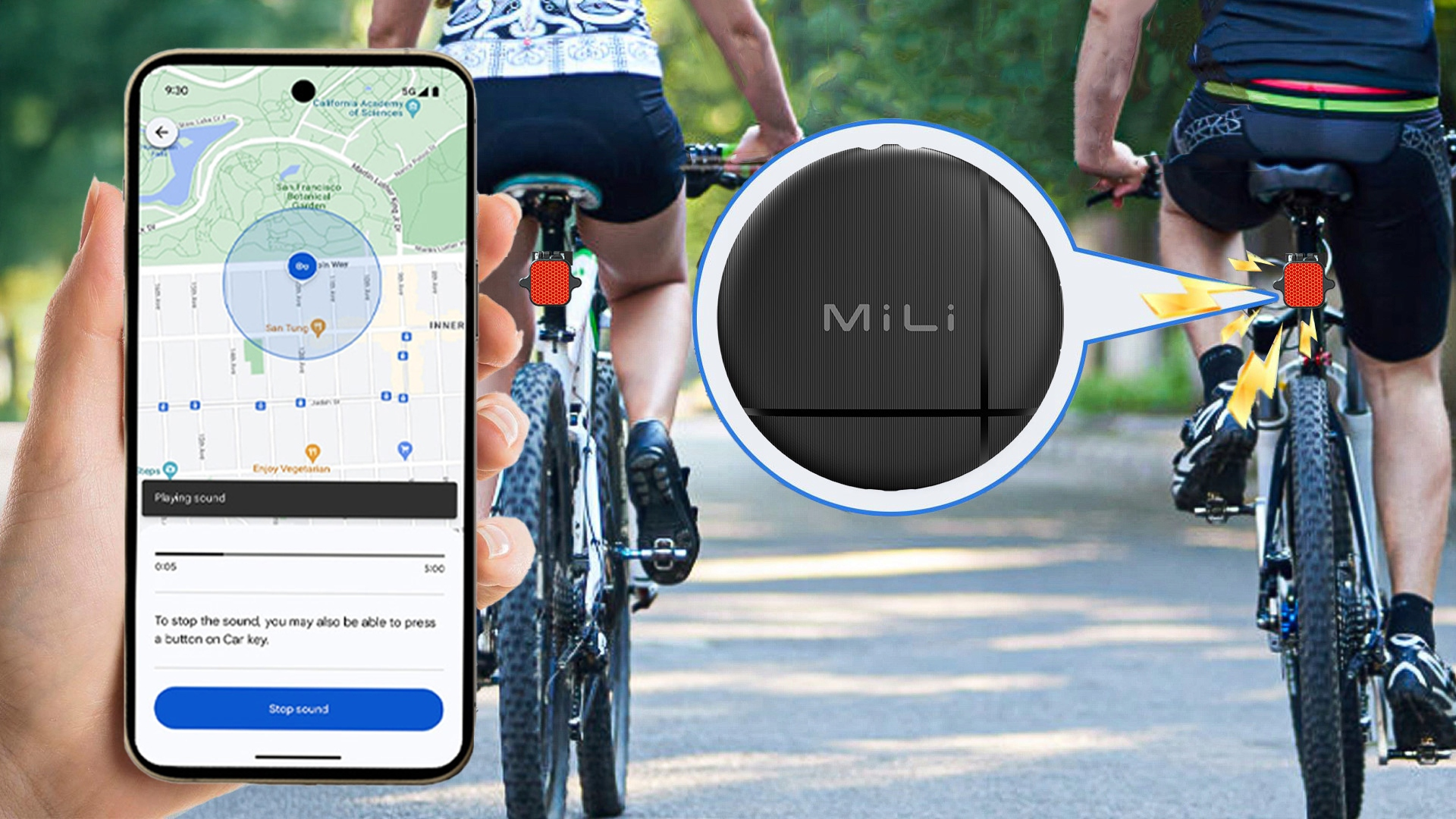 Ręka trzyma telefon z mapą i czerwonym lokalizatorem rowerowym.