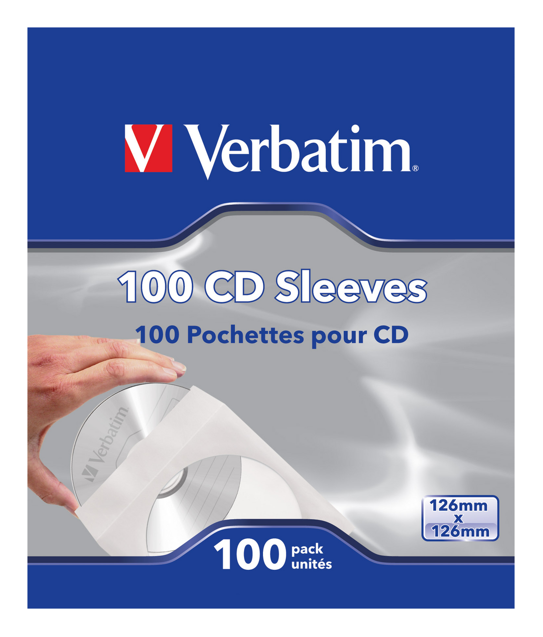 Verbatim 100 CD-tasak csomag. Egy kéz Verbatim logós CD-t tart.
