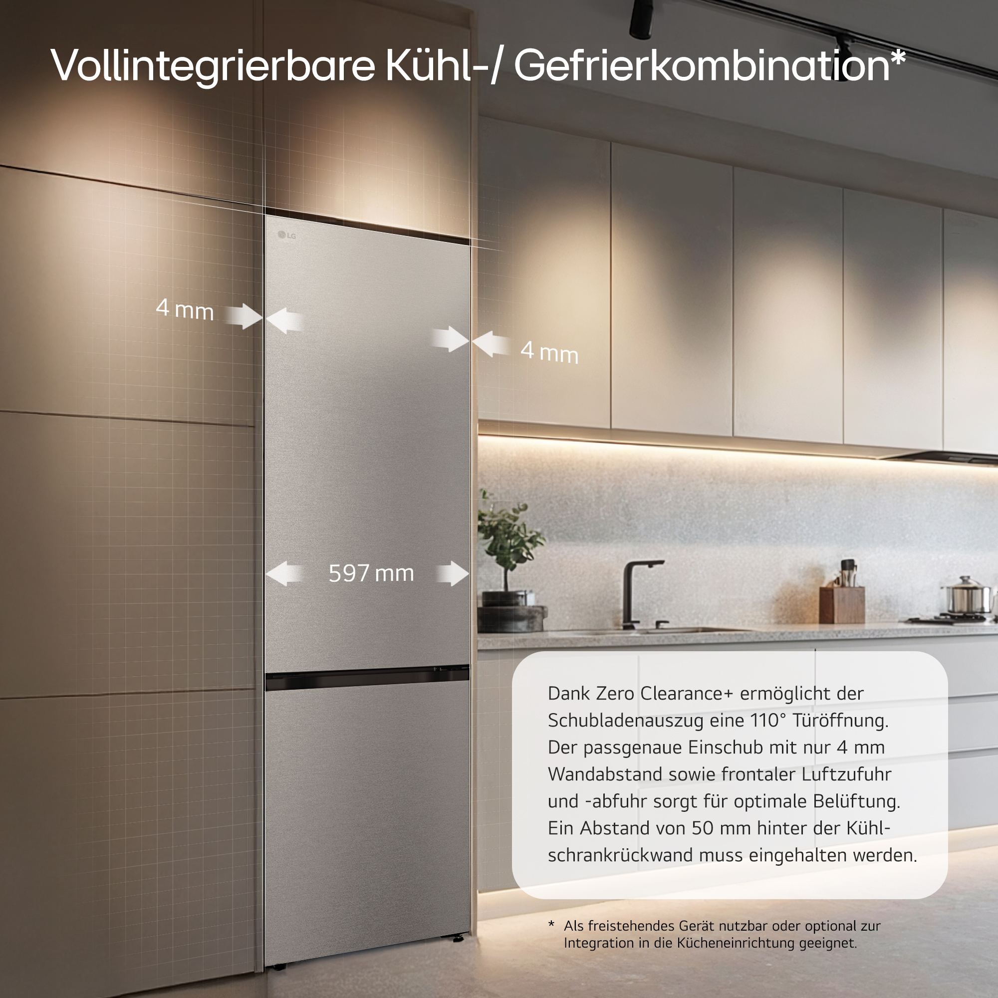 Ein moderner LG Kühlschrank mit 4mm Wandabstand und 597mm Breite.
