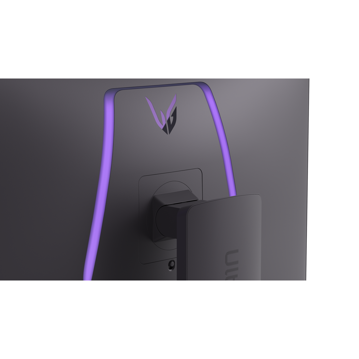 Back of a monitor with purple accent lighting and a logo.