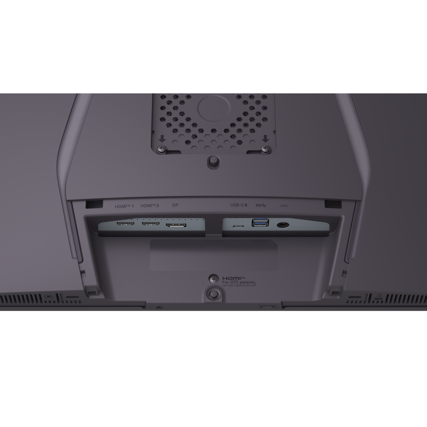 Back view of a monitor showing ports: HDMI 1, HDMI 2, DP, USB-C, SS.