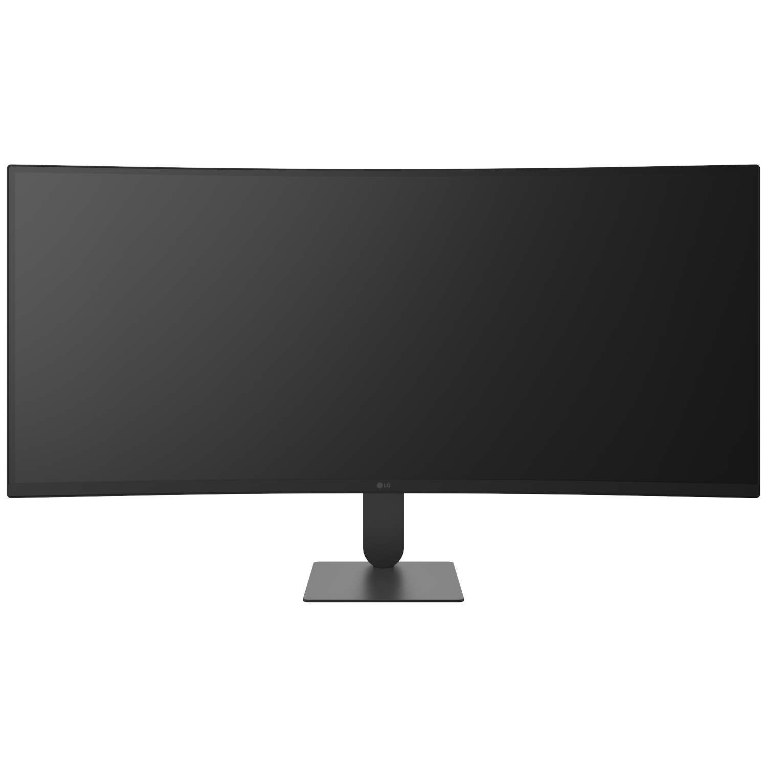 A black, curved LG monitor with a wide screen and a slim stand.