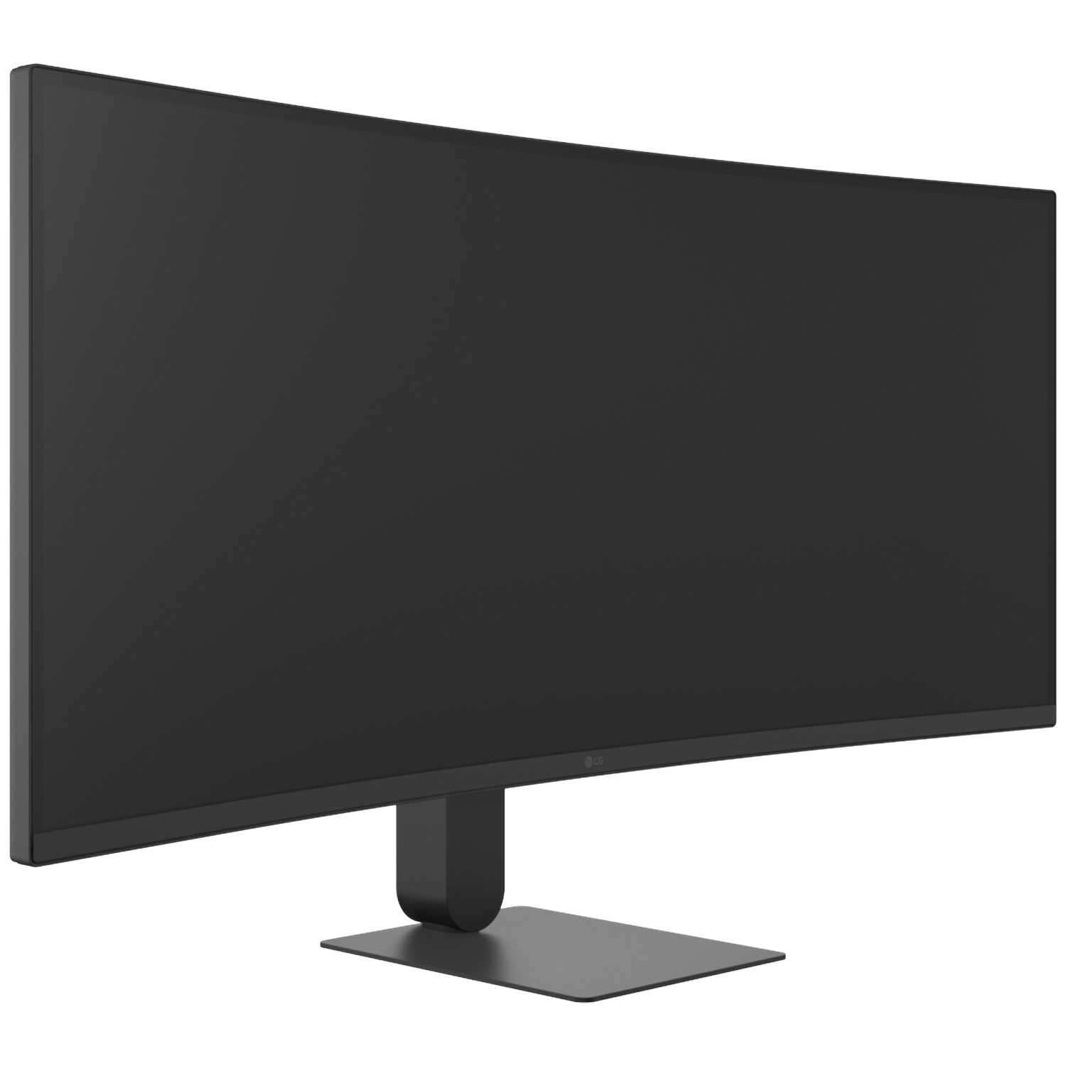 A black, curved monitor with a slim stand.