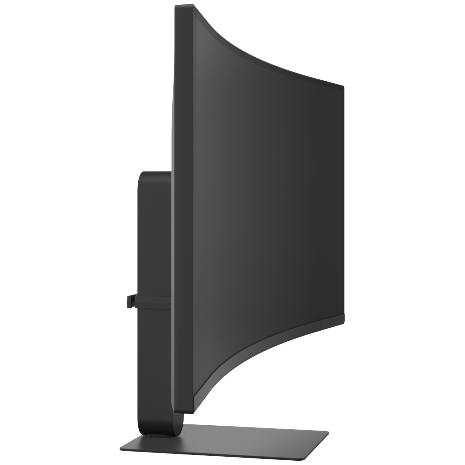 A black curved computer monitor with a slim stand on a white background.