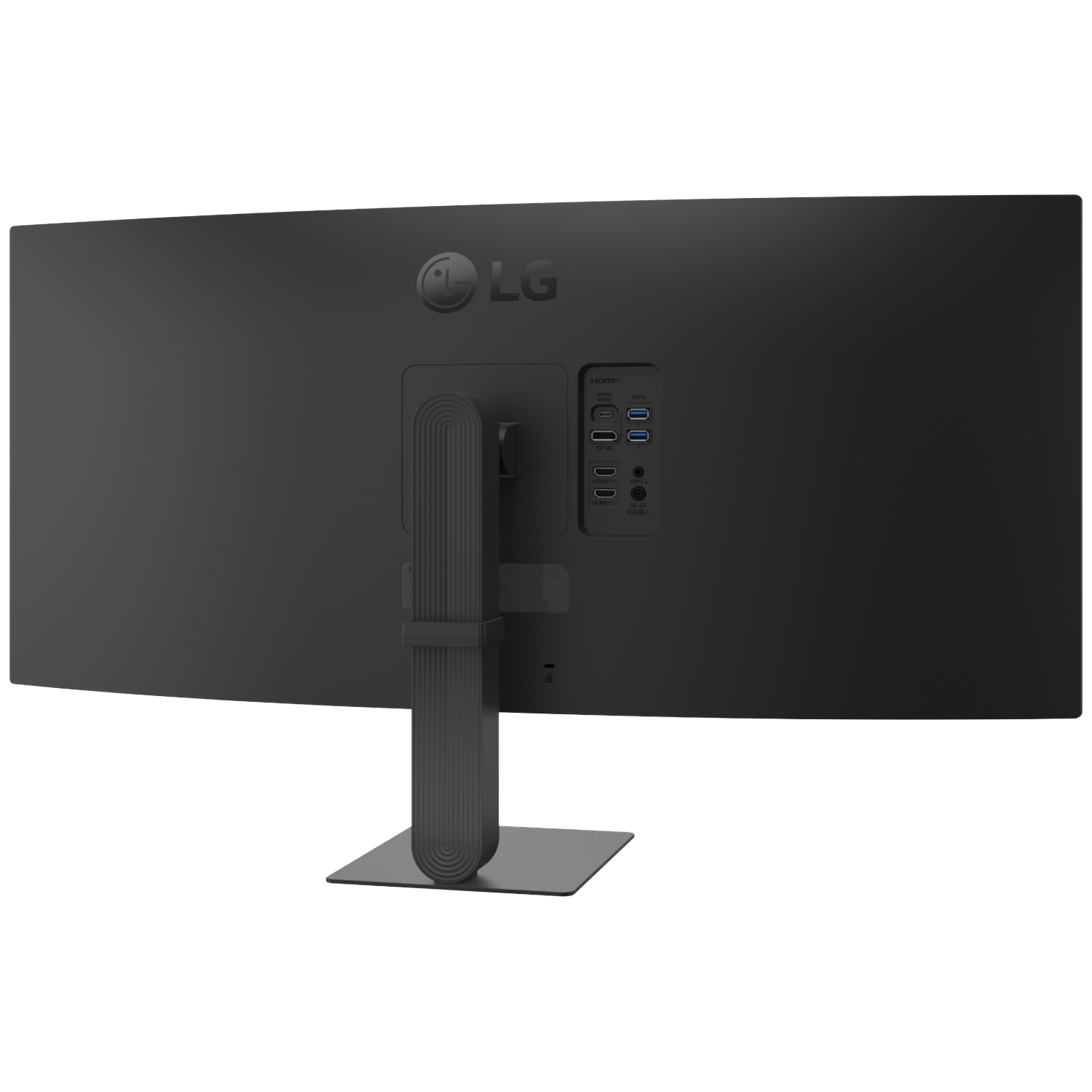 Back view of a black LG monitor showing ports: HDMI, DP-IN, USB-C, and DC-IN.