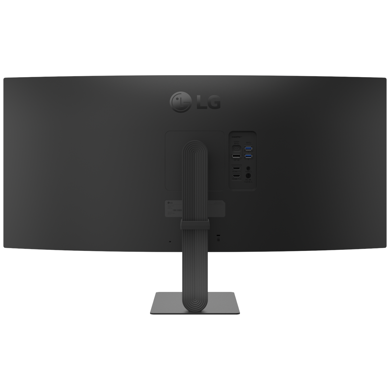 Back view of a black LG ultrawide monitor with ports and stand.