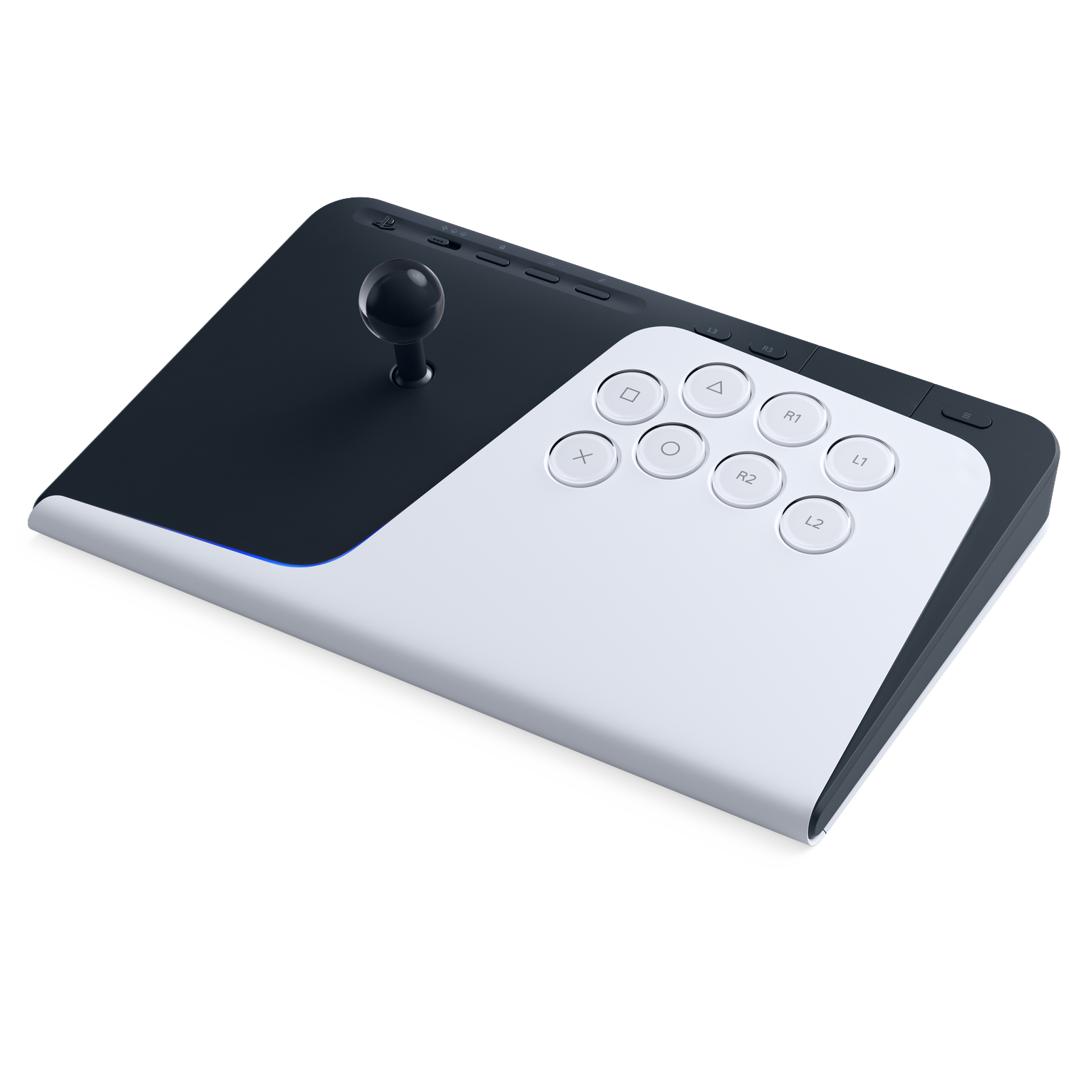 Een zwarte en witte fight stick controller met joystick en knoppen.