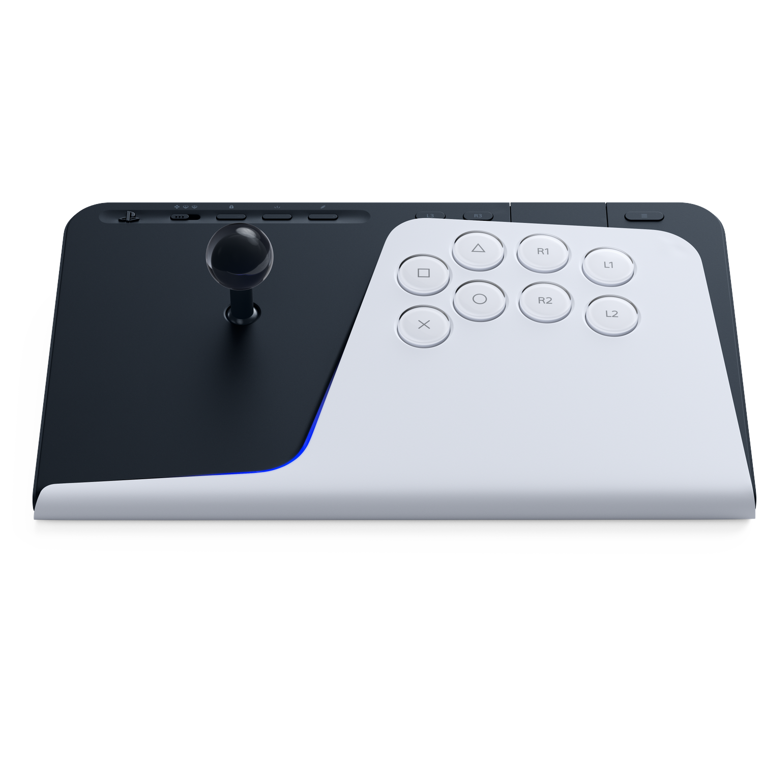 Een vechtstick met een zwarte joystick en witte knoppen op een zwarte achtergrond.