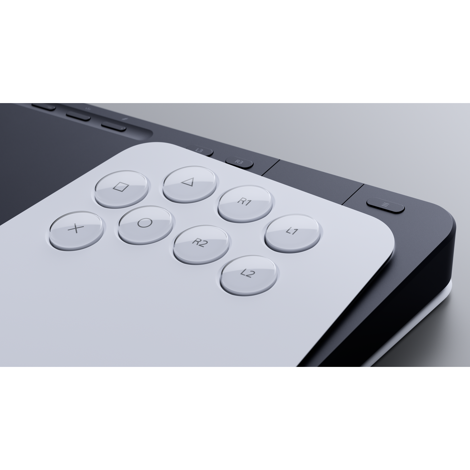 Close-up van een witte controller met symboolknoppen op een donkere console.
