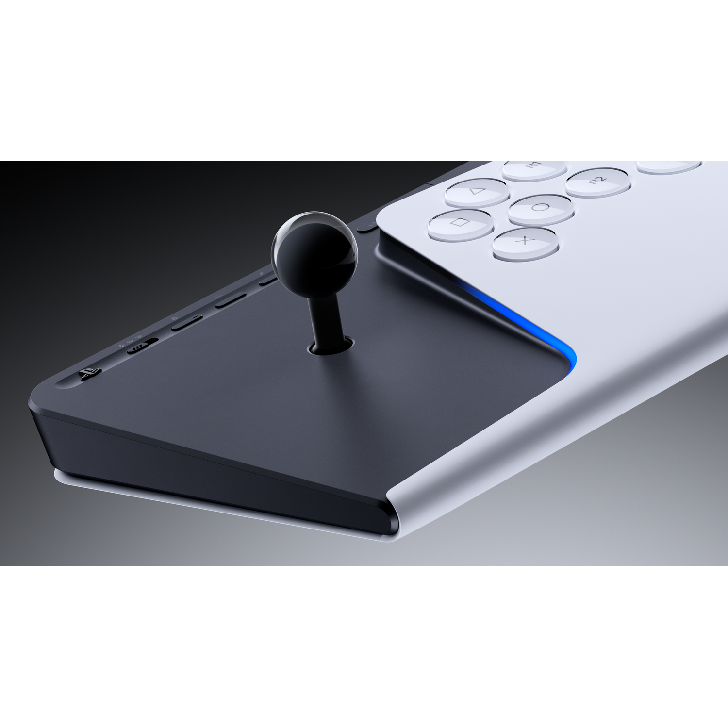 Een zwarte joystick en witte knoppen op een controller met blauw licht.
