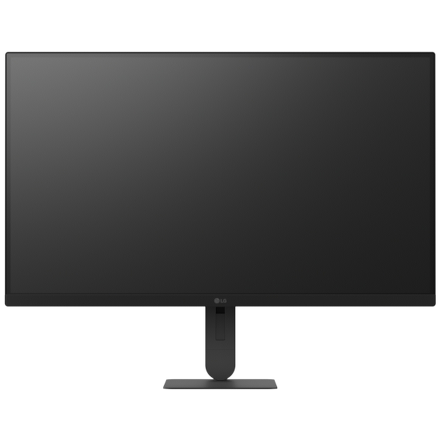 A black LG monitor rests on a simple stand.