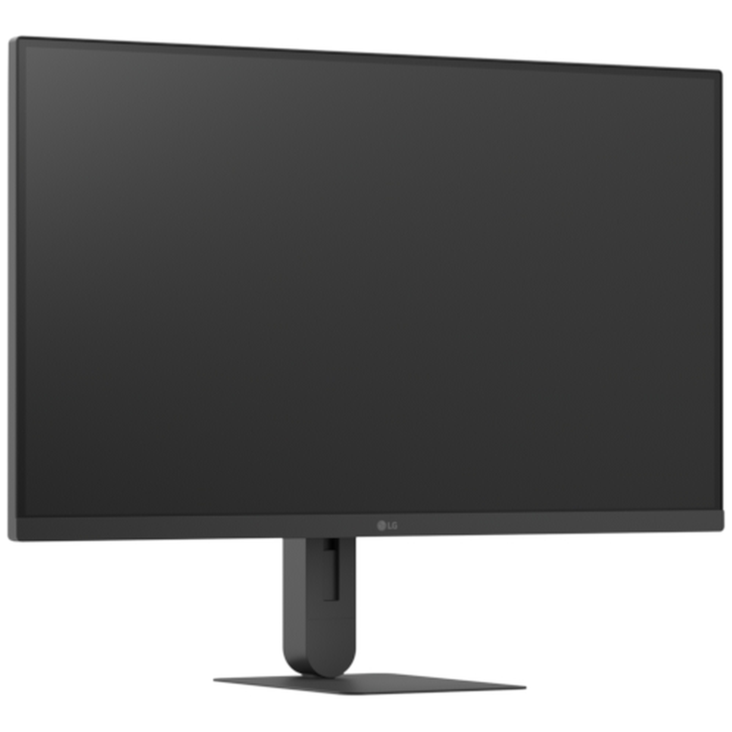 A black LG computer monitor with a dark gray stand is shown against a white background.