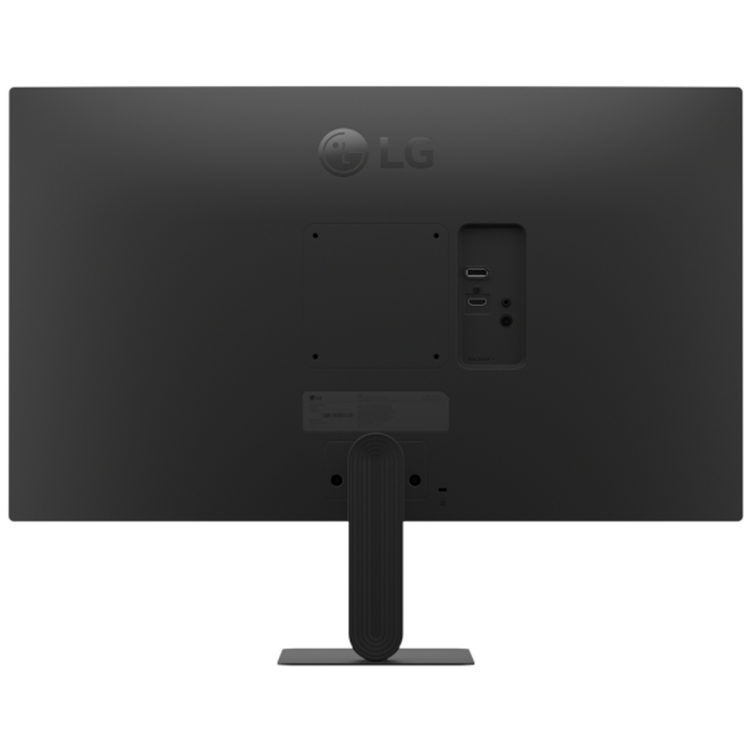 Back view of a black LG monitor with ports and stand.